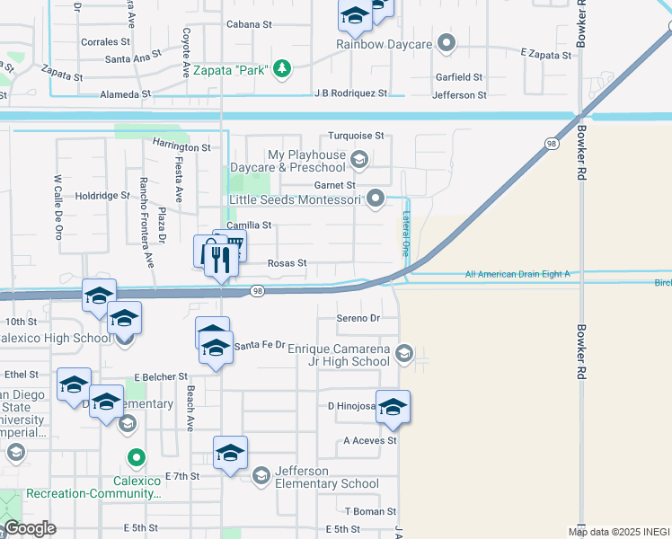 map of restaurants, bars, coffee shops, grocery stores, and more near 1189-1193 Rosas Street in Calexico