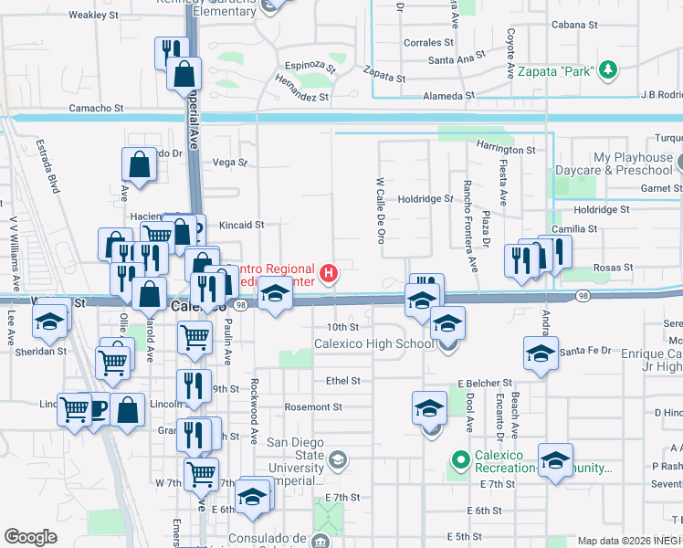 map of restaurants, bars, coffee shops, grocery stores, and more near 486-828 C N Perry Avenue in Calexico
