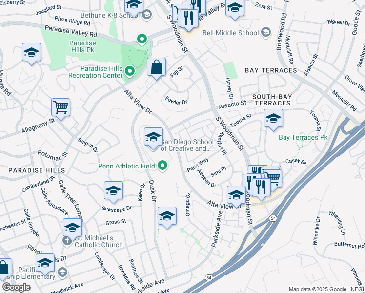 map of restaurants, bars, coffee shops, grocery stores, and more near 2388 Adirondack Row in San Diego
