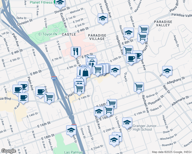 map of restaurants, bars, coffee shops, grocery stores, and more near 2531 East Plaza Boulevard in National City
