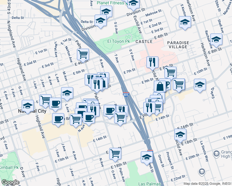 map of restaurants, bars, coffee shops, grocery stores, and more near 1820 Terry Lane in National City