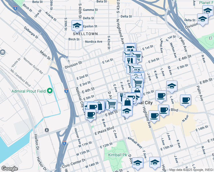 map of restaurants, bars, coffee shops, grocery stores, and more near 424 East 4th Street in National City