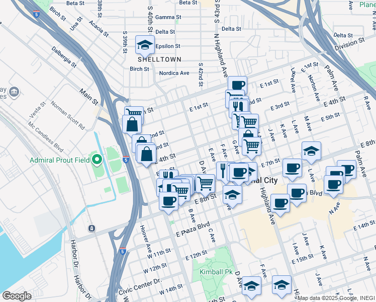 map of restaurants, bars, coffee shops, grocery stores, and more near 309 East 4th Street in National City
