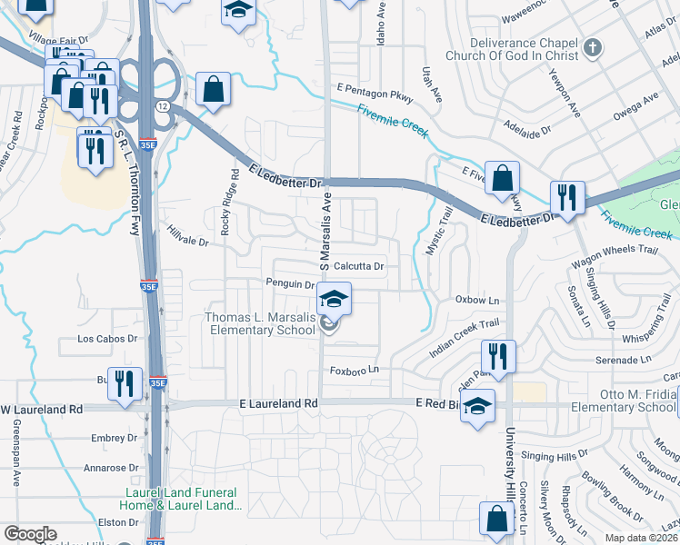 map of restaurants, bars, coffee shops, grocery stores, and more near 705 Calcutta Drive in Dallas