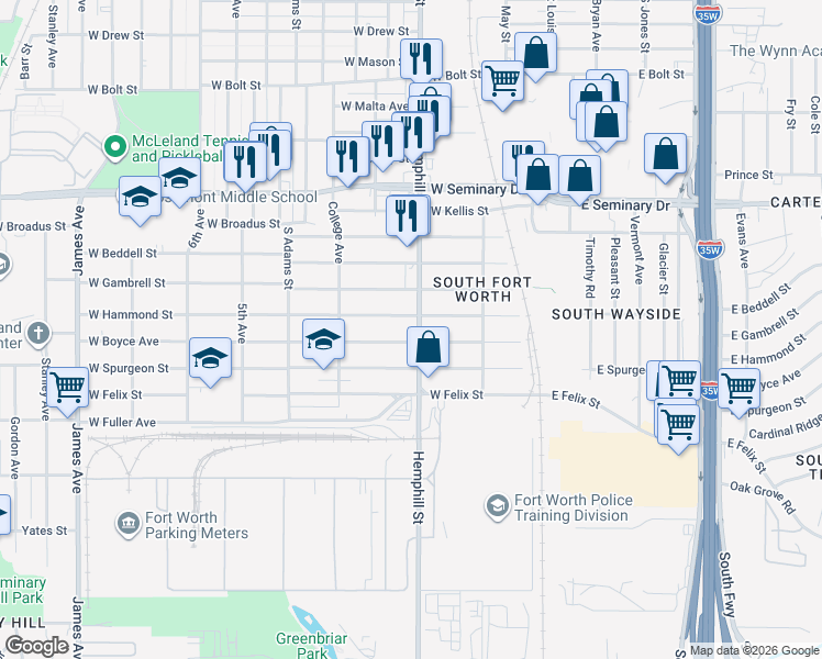 map of restaurants, bars, coffee shops, grocery stores, and more near 4550 Hemphill Street in Fort Worth