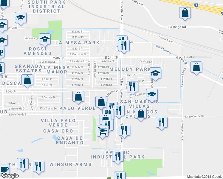 map of restaurants, bars, coffee shops, grocery stores, and more near 1912 East San Marcos Drive in Yuma