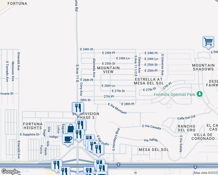 map of restaurants, bars, coffee shops, grocery stores, and more near 11318 East 26th Lane in Yuma