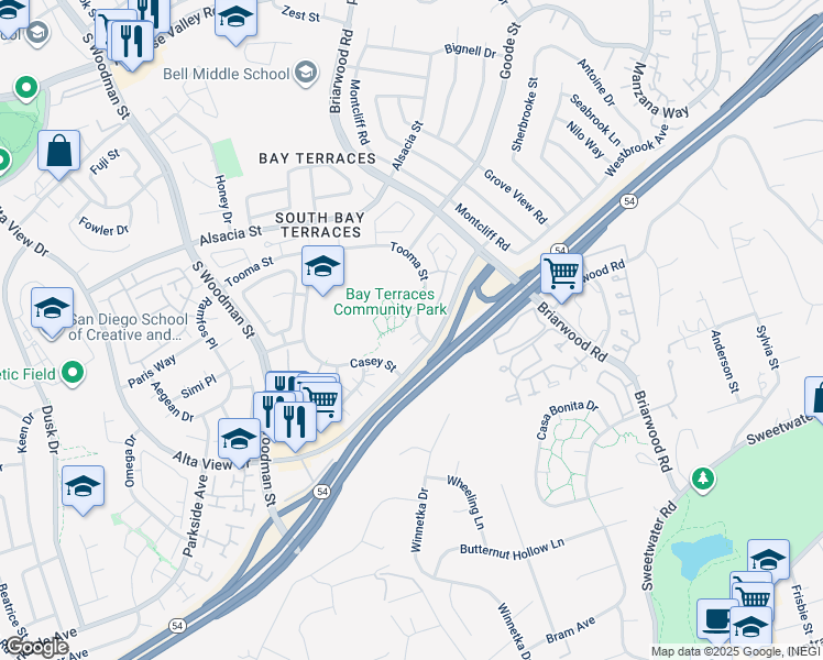 map of restaurants, bars, coffee shops, grocery stores, and more near 7431 Tooma Street in San Diego