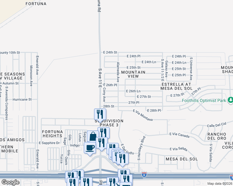 map of restaurants, bars, coffee shops, grocery stores, and more near 11176 East 26th Lane in Yuma