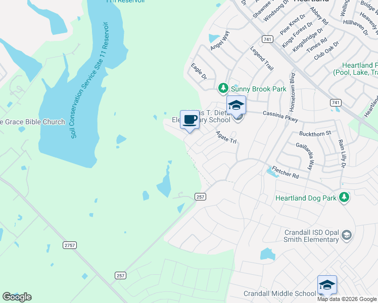 map of restaurants, bars, coffee shops, grocery stores, and more near 3411 Blue Granite Lane in Forney