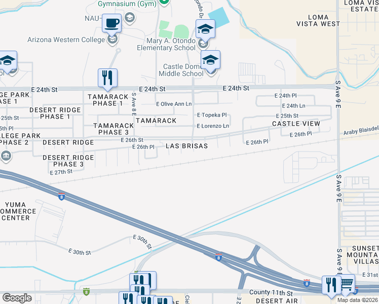 map of restaurants, bars, coffee shops, grocery stores, and more near 2659 Otondo Drive in Yuma