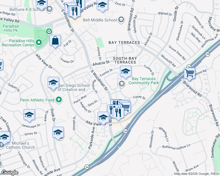 map of restaurants, bars, coffee shops, grocery stores, and more near 2620 Pennington Lane in San Diego