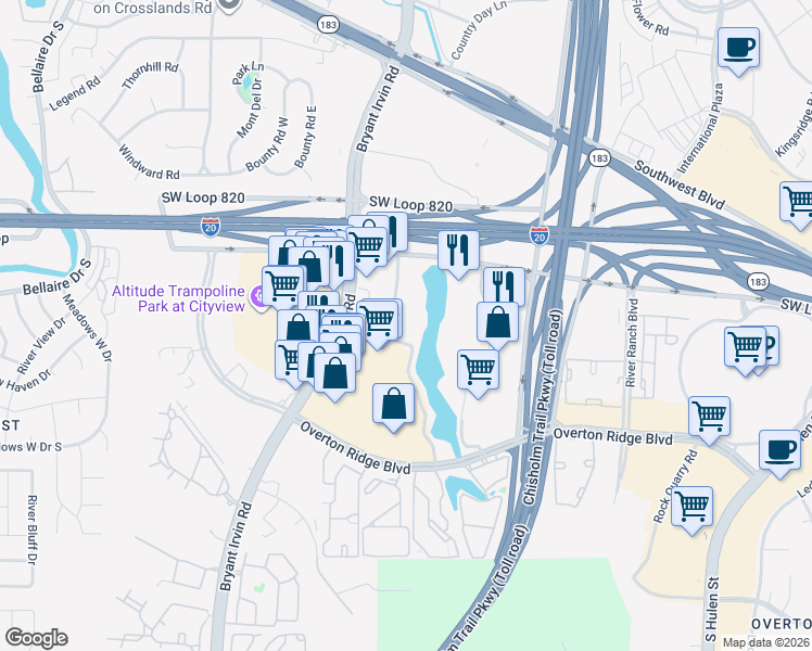 map of restaurants, bars, coffee shops, grocery stores, and more near 4701 Citylake Boulevard West in Fort Worth