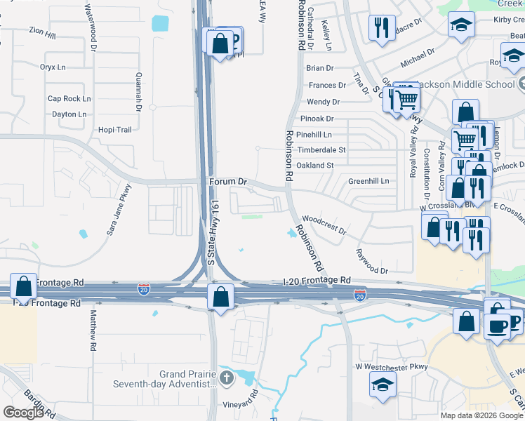 map of restaurants, bars, coffee shops, grocery stores, and more near 1661 Forum Drive in Grand Prairie