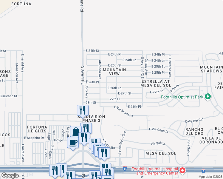 map of restaurants, bars, coffee shops, grocery stores, and more near 11291 East 26th Lane in Yuma