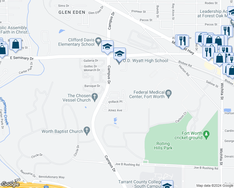 map of restaurants, bars, coffee shops, grocery stores, and more near 4510 Alamosa Street in Fort Worth