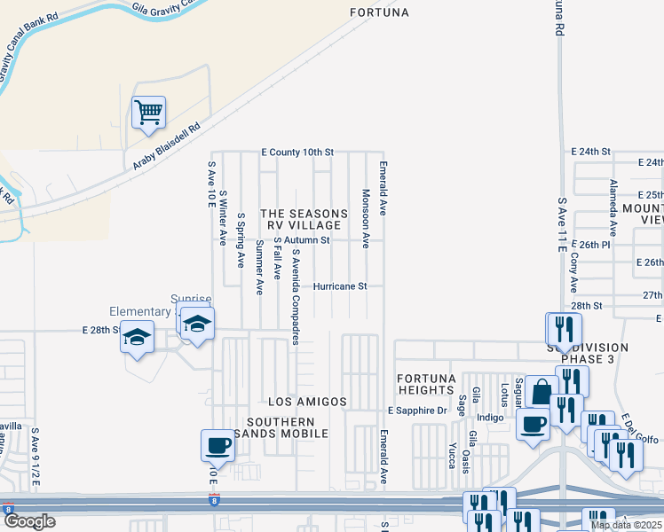 map of restaurants, bars, coffee shops, grocery stores, and more near 10388 South Typhoon Avenue in Yuma