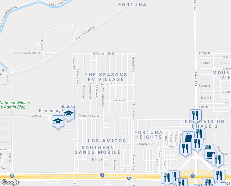 map of restaurants, bars, coffee shops, grocery stores, and more near 10210 South Typhoon Avenue in Yuma