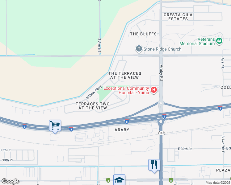 map of restaurants, bars, coffee shops, grocery stores, and more near 6107 East Overlook Lane in Yuma