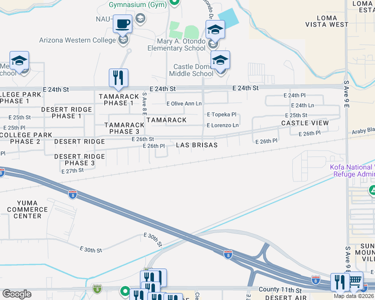 map of restaurants, bars, coffee shops, grocery stores, and more near 2656 South Gardenia Avenue in Yuma