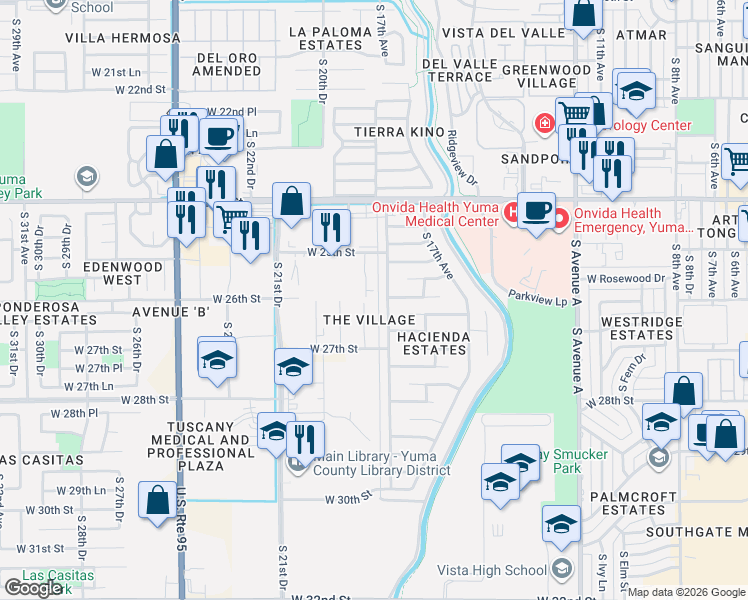 map of restaurants, bars, coffee shops, grocery stores, and more near 1843 West 25th Street in Yuma