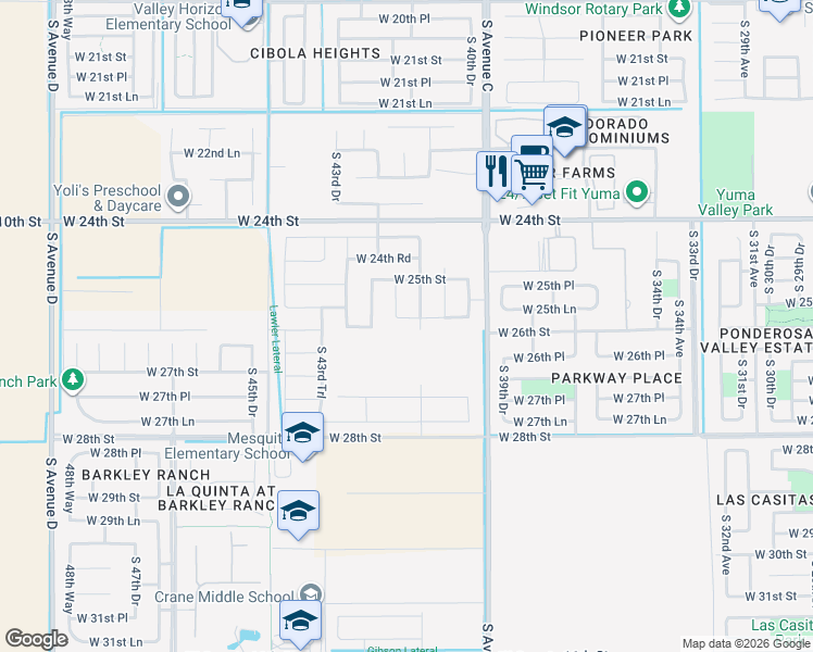 map of restaurants, bars, coffee shops, grocery stores, and more near 4185 West 25th Road in Yuma