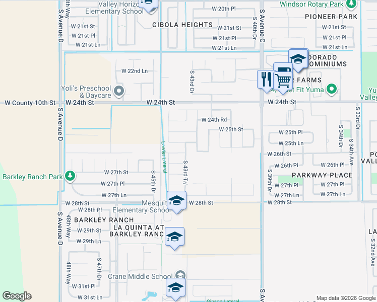 map of restaurants, bars, coffee shops, grocery stores, and more near 4331 West 25th Place in Yuma
