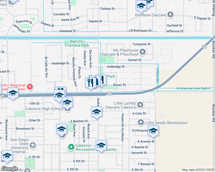 map of restaurants, bars, coffee shops, grocery stores, and more near 1125 Rosas Street in Calexico