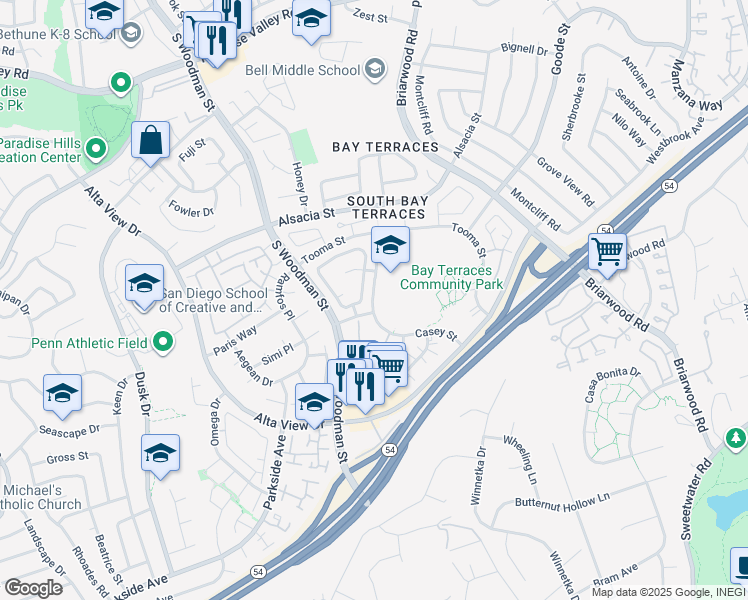 map of restaurants, bars, coffee shops, grocery stores, and more near 2609 Crosshaven Lane in San Diego