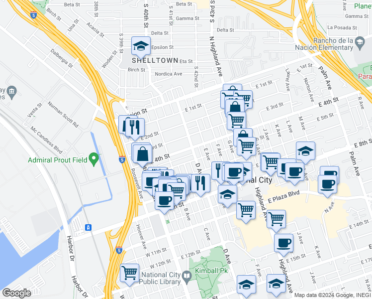 map of restaurants, bars, coffee shops, grocery stores, and more near 309 East 4th Street in National City