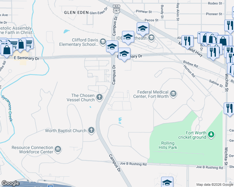 map of restaurants, bars, coffee shops, grocery stores, and more near 4510 Alamosa Street in Fort Worth