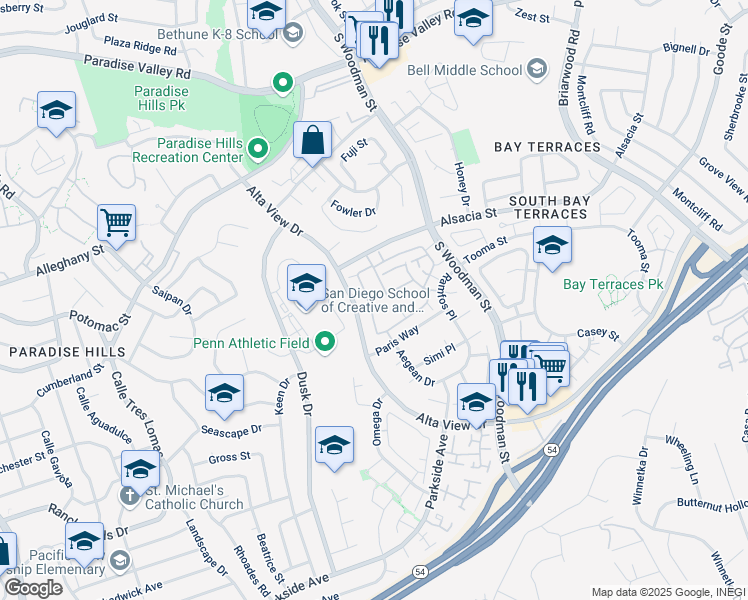 map of restaurants, bars, coffee shops, grocery stores, and more near 6872 Ritva Place in San Diego