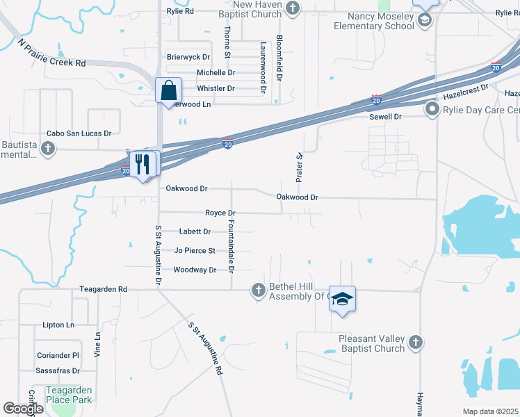 map of restaurants, bars, coffee shops, grocery stores, and more near 9829 Royce Drive in Dallas