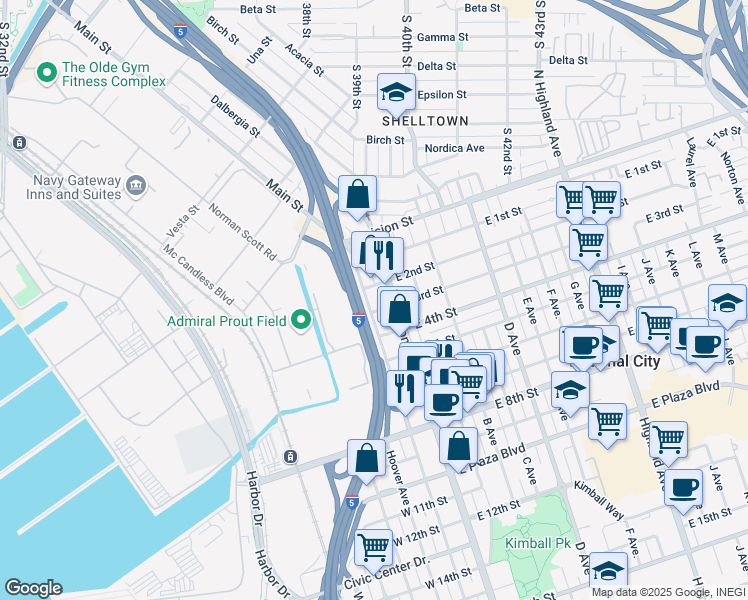map of restaurants, bars, coffee shops, grocery stores, and more near 225 Roosevelt Avenue in National City