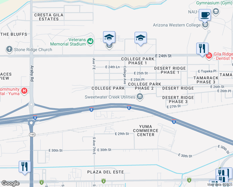 map of restaurants, bars, coffee shops, grocery stores, and more near 7242 East 26th Place in Yuma