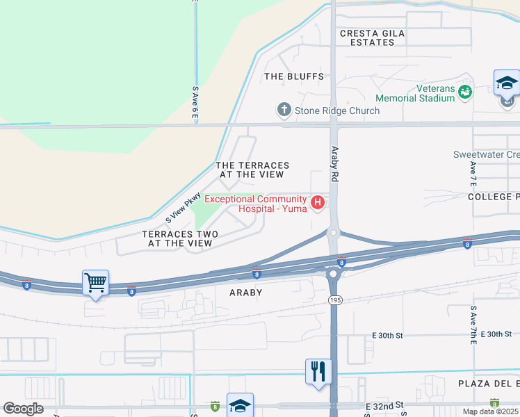 map of restaurants, bars, coffee shops, grocery stores, and more near 2635 East Moonlight Way in Yuma