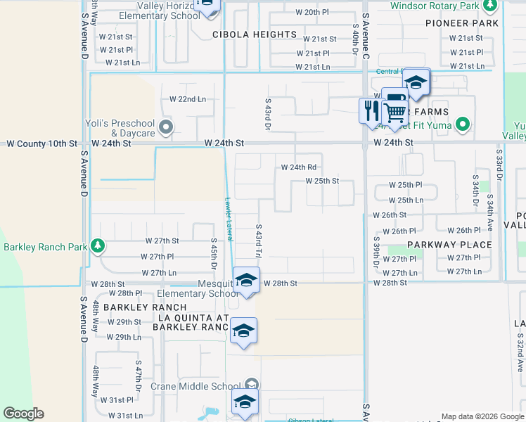 map of restaurants, bars, coffee shops, grocery stores, and more near 4331 West 25th Place in Yuma
