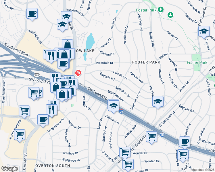 map of restaurants, bars, coffee shops, grocery stores, and more near 4317 Selkirk Drive West in Fort Worth