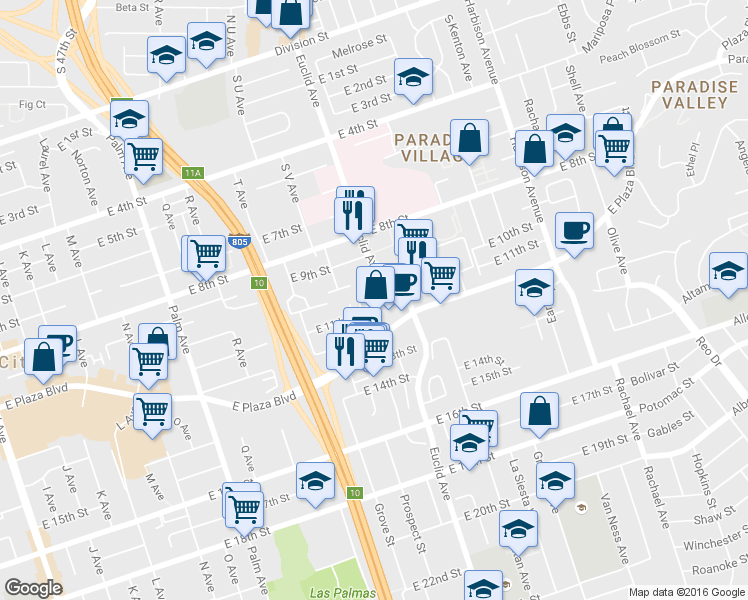 map of restaurants, bars, coffee shops, grocery stores, and more near 910 Euclid Avenue in National City