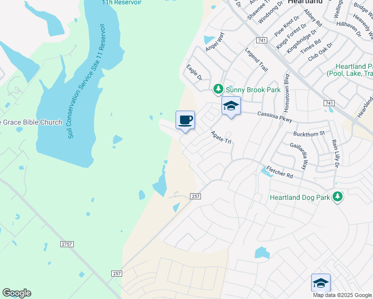 map of restaurants, bars, coffee shops, grocery stores, and more near 3411 Blue Granite Lane in Forney
