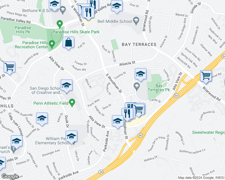 map of restaurants, bars, coffee shops, grocery stores, and more near 6935 Quebec Court in San Diego