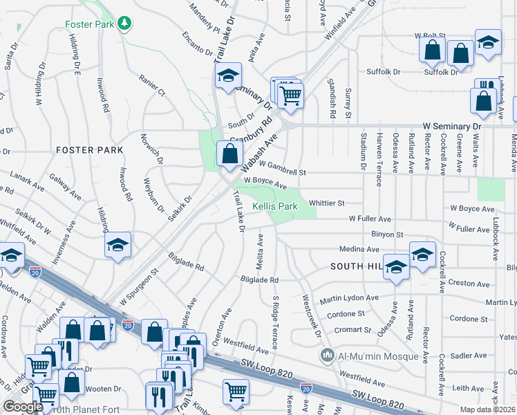 map of restaurants, bars, coffee shops, grocery stores, and more near 4640 South Ridge Terrace in Fort Worth