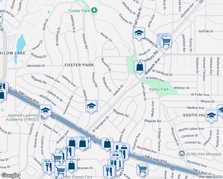map of restaurants, bars, coffee shops, grocery stores, and more near 3953 Weyburn Drive in Fort Worth