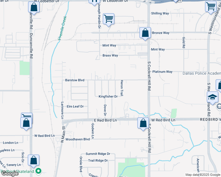 map of restaurants, bars, coffee shops, grocery stores, and more near 5326 Cedar Waxwing Lane in Dallas