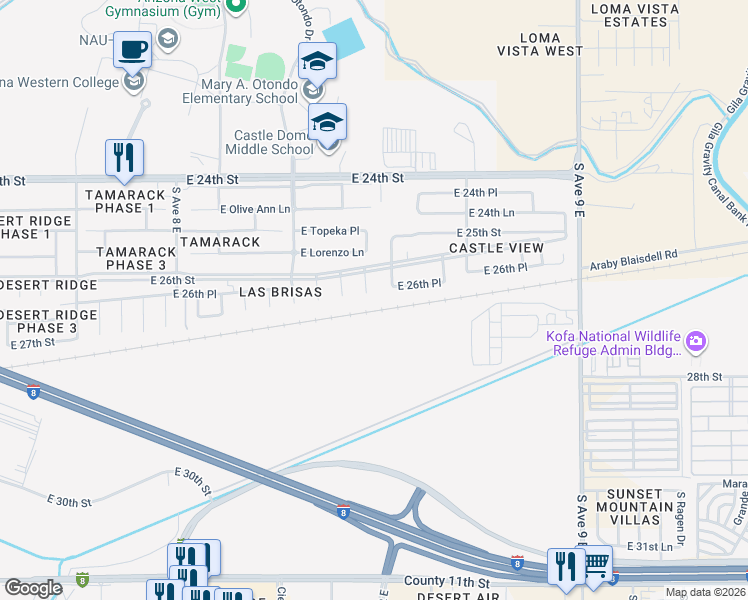map of restaurants, bars, coffee shops, grocery stores, and more near 2666-2678 South Picaflor Avenue in Yuma