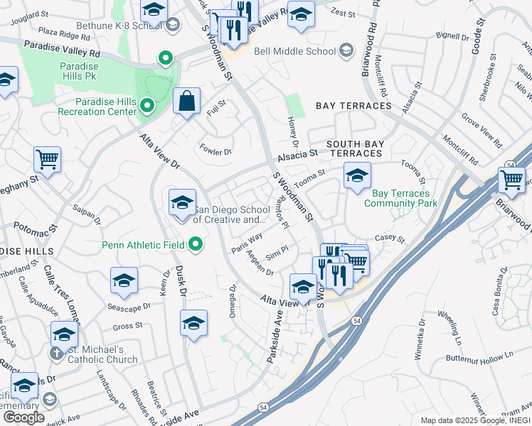 map of restaurants, bars, coffee shops, grocery stores, and more near 6890 Bear River Row in San Diego