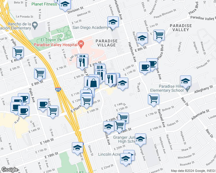map of restaurants, bars, coffee shops, grocery stores, and more near 2531 East Plaza Boulevard in National City