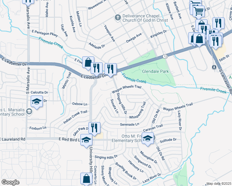 map of restaurants, bars, coffee shops, grocery stores, and more near 5411 Singing Hills Drive in Dallas