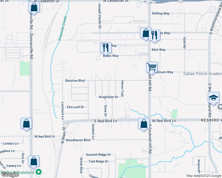 map of restaurants, bars, coffee shops, grocery stores, and more near 5326 Cedar Waxwing Lane in Dallas