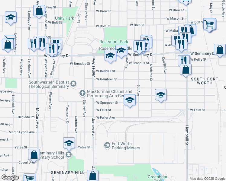 map of restaurants, bars, coffee shops, grocery stores, and more near 1437 West Hammond Street in Fort Worth
